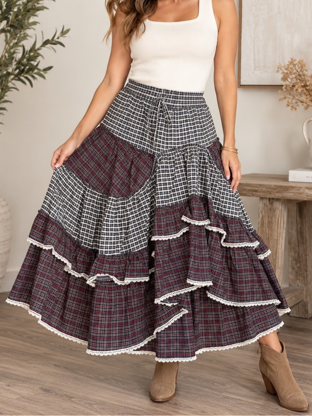 Easel Modest Boho Tiered Plaid Maxi Skirt - Cream & Burgundy NWT